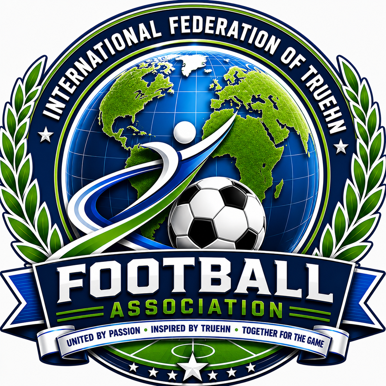 FITFA official crest with globe, football, laurel wreath and ribbon reading United by Passion · Inspired by Truehn · Together for the Game